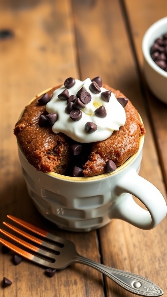 Quick 2-Ingredient Microwave Chocolate Mug Cake A chocolate mug cake in a white mug, topped with whipped cream and chocolate chips, on a wooden table.